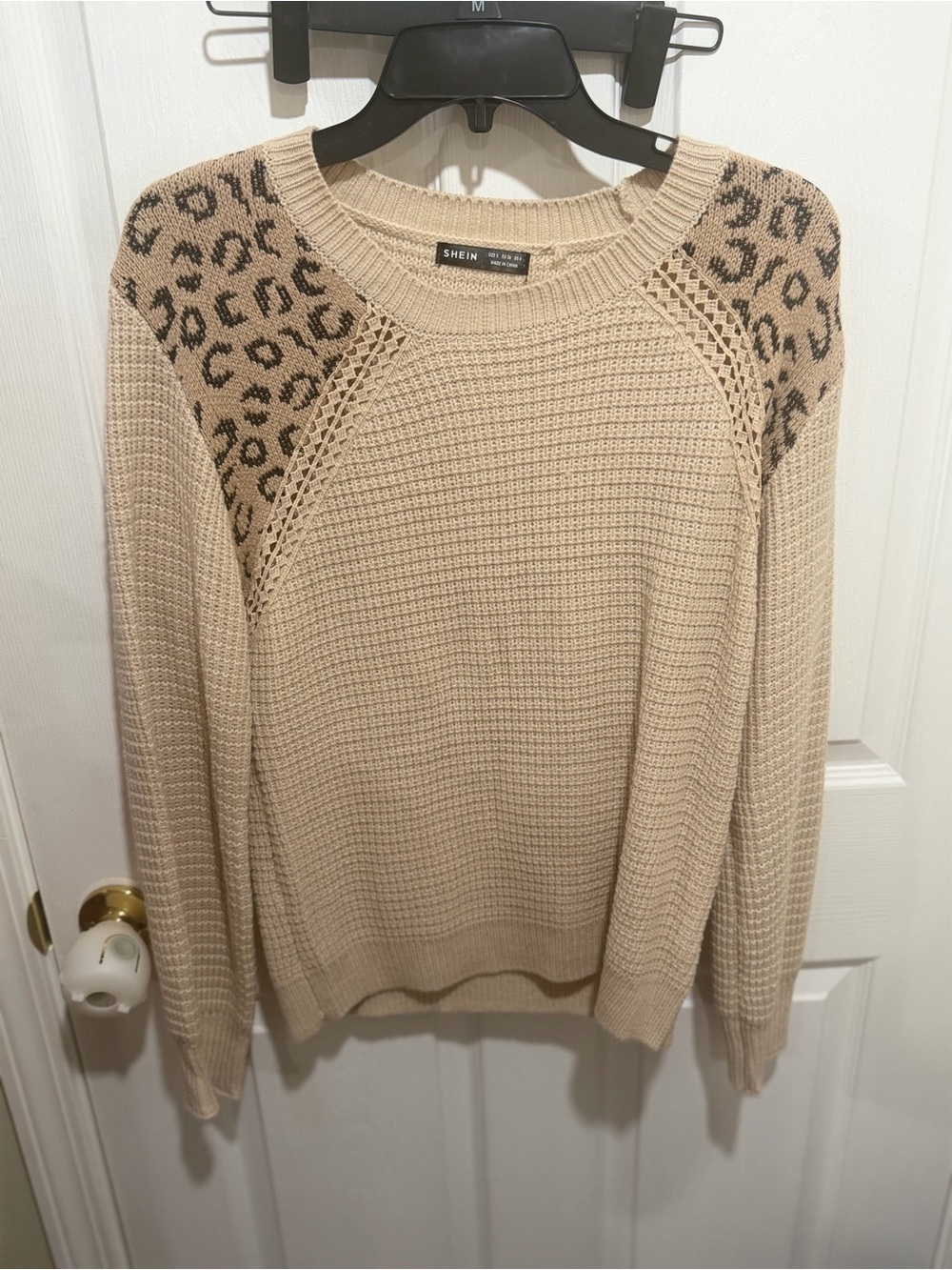 SHEIN Beige Crewneck Sweater with Leopard Shoulder Panels